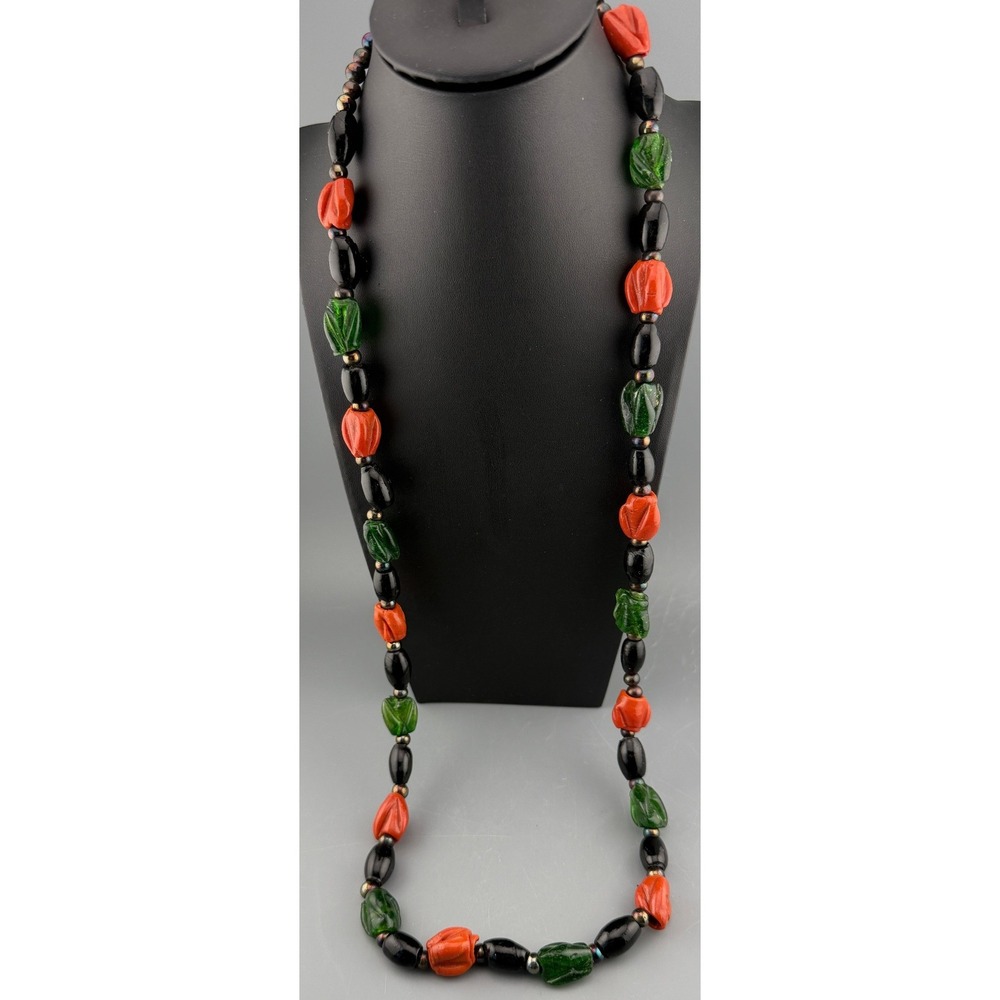 Vintage Glass Bead Necklace Orange Green Black Peacock Oil Slick Fall Halloween